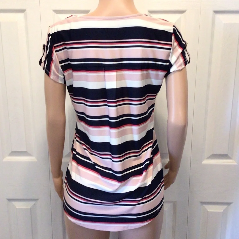 NWOT Roz & Ali Womens Pink/Blue Striped Short Sleeve Quarter Zip Top Size Medium